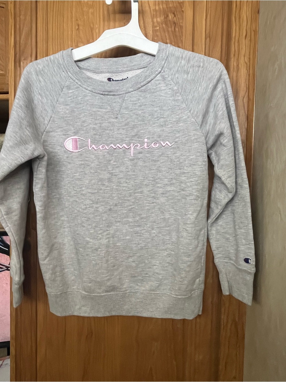 Champion Light Gray Crewneck Sweatshirt with Pink Script Logo